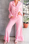 Pink Ribbed 2pcs Long Flounce Lapel Shirt Ruffle Hem Lounge Pant Set