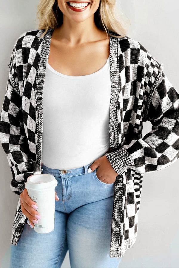 Black Checkered Bubble Sleeve Drop Shoulder Open Cardigan