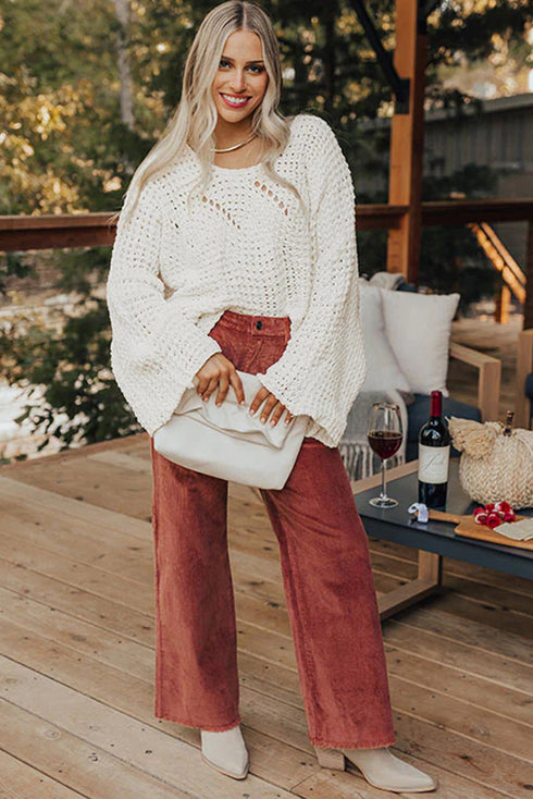 White Hollowed Detail Wide Sleeve Loose Pullover Sweater