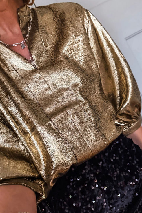 Gold Metallic Split Neck Half Sleeve Blouse