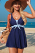 Navy Blue Color Block Patchwork Bow Knot Detail Sleeveless Swim Dress