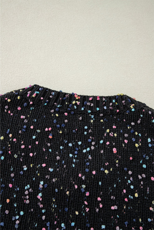 Black Rhinestone Decor Multicolor Confetti Sweater Cardigan