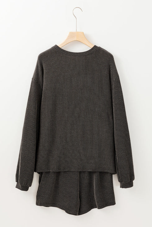 Carbon Grey Thankful Letter Patched Sequin Bow Sleeve Twisted Ribbed Short Set