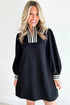 Black Striped Patchwork Zip Neck Long Sleeve Shift Mini Dress