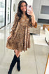 Khaki Leopard Print V Neck Ruffled Sleeve Tiered Loose Mini Dress