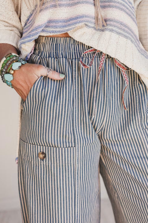 Blue Stripe Button Patch Pocket Drawstring Elastic Waist Loose Pants
