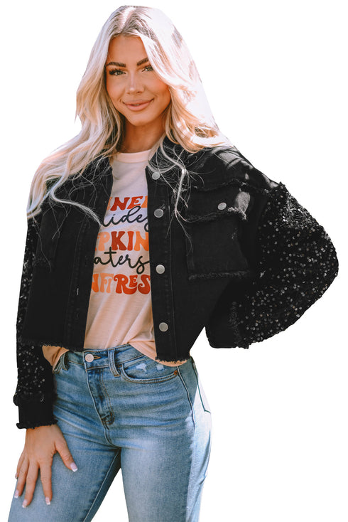 black-sequin-sleeve-pocketed-raw-hem-denim-jacket