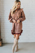 Red Plaid Print Ruffled Long Sleeve Patchwork Hem Mini Shirt Dress