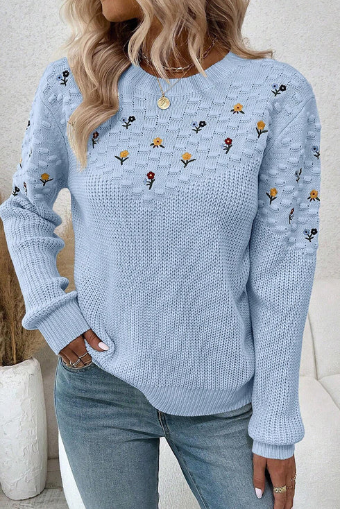 Beau Blue Mixed Texture Knit Flower Embroidered Detail Casual Sweater