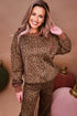 Coffee Leopard Print Contrast Trim Long Sleeve Top and Pants Set