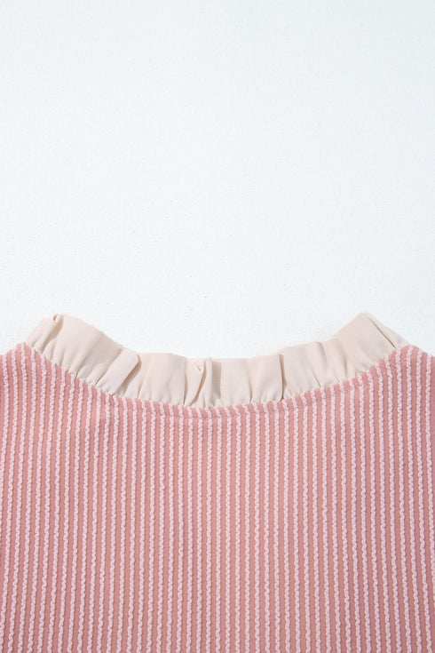 Fushia Plus Size Contrast Frilled Neckline Ruffled Short Sleeve Ribbed Textured Blouse