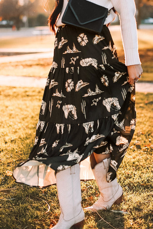 black-western-print-tiered-ruffled-high-waist-maxi-skirt
