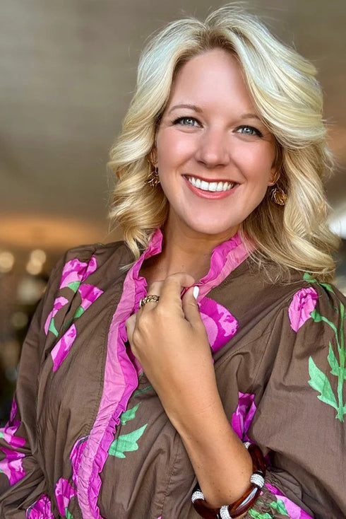 Brown Contrast Flower Print Frilled Neckline Puff Sleeve Long Dress