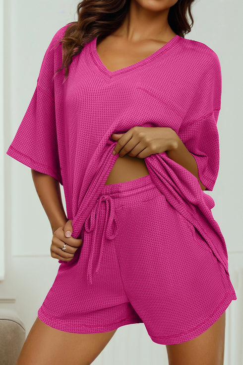 Rose Red Solid Color Waffled V Neck Loose Tee Drawstring Shorts Set