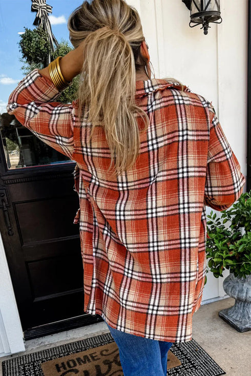 Orange Raw Edge Plaid Open Front Shacket