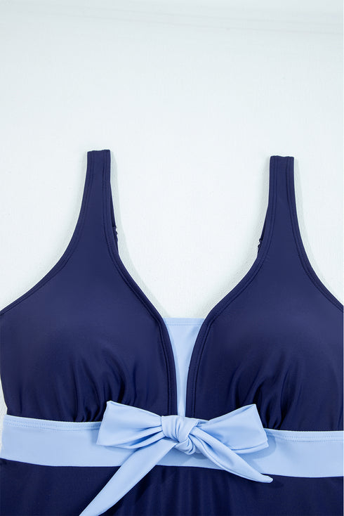 Navy Blue Color Block Patchwork Bow Knot Detail Sleeveless Swim Dress