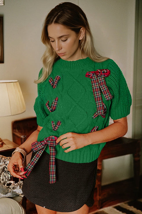 Bright Green Plaid Lace up Detail Christmas Holiday Puff Short Sleeve Sweater