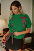 Bright Green Plaid Lace up Detail Christmas Holiday Puff Short Sleeve Sweater