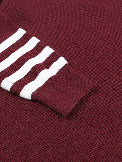red-striped-sleeve-plain-knit-sweater
