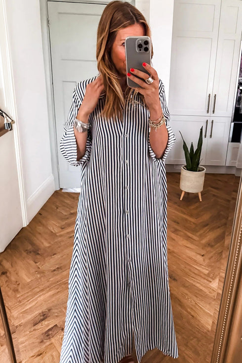 Black Stripe Side Pockets Buttoned Loose Fit Maxi Dress