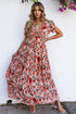 Fiery Red Floral Print Frilled V Neck Short Sleeve Maxi Dress
