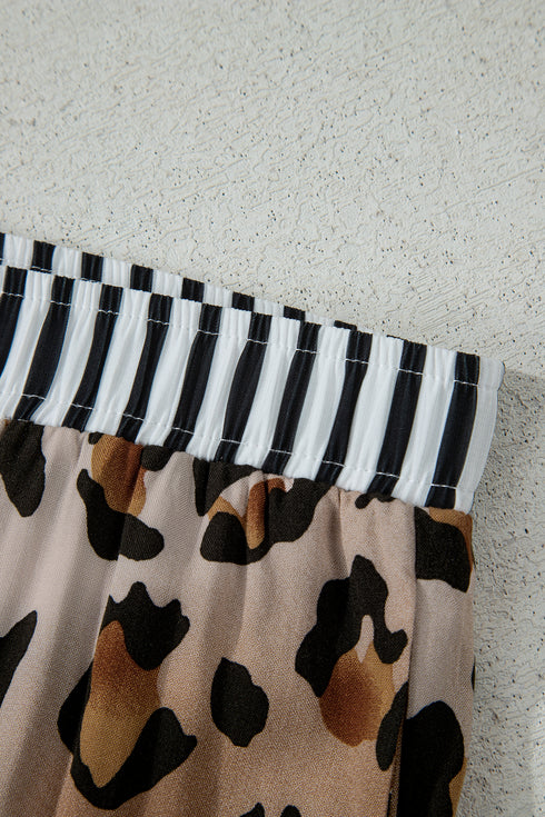 Khaki Plus Leopard Print Contrast Piping Striped Patchwork 2pcs Long Pajama Set