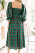 Green Tartan Plaid Square Neck Puff Sleeve Knot Waist Flared Midi Dress