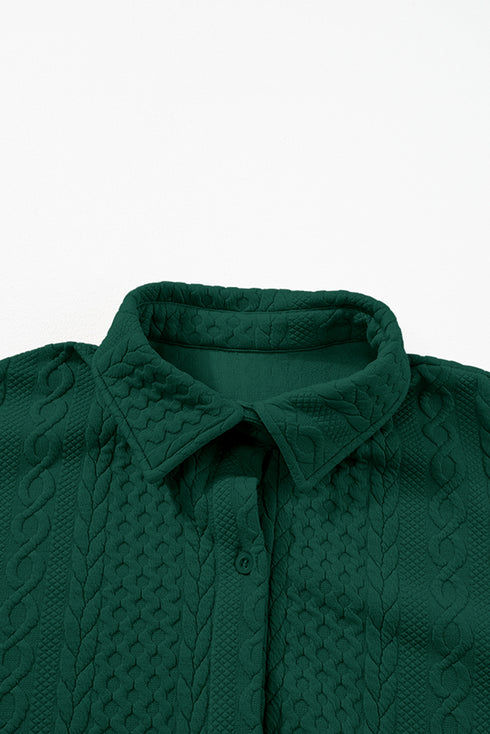 Blackish Green Cable Texture Puff Sleeve Loose Shacket