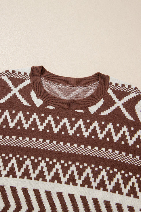 Brown Abstract Print Pullover Sweater
