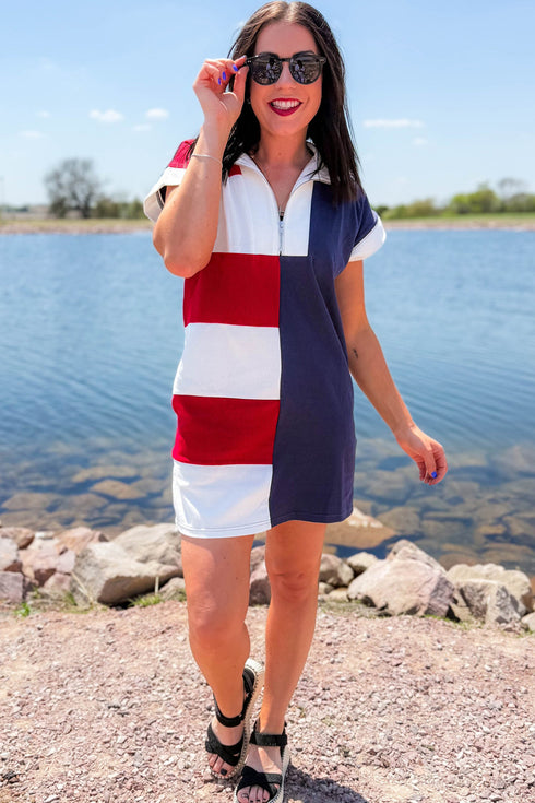 Navy Blue Americana Colorblock Stripes Zip up Collared T Shirt Mini Dress
