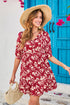 Red Floral Print Contrast Trim Button Tie Neck Swing Dress