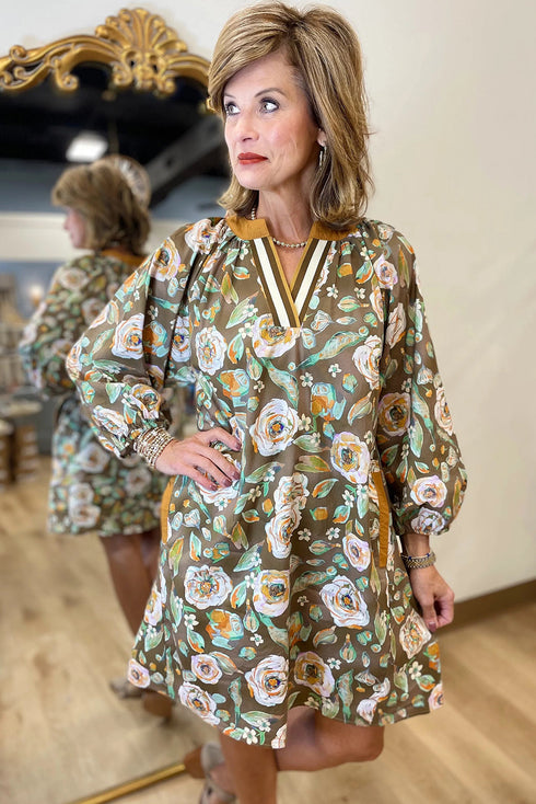 Brown Floral Print Contrast Trim V Neck Pocketed Long Sleeve Mini Dress