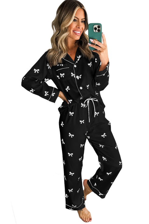 Black Bows Print Two Piece Sleepwear