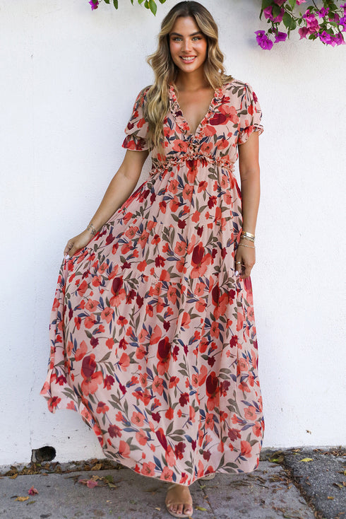Fiery Red Floral Print Frilled V Neck Short Sleeve Maxi Dress