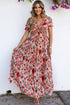 Fiery Red Floral Print Frilled V Neck Short Sleeve Maxi Dress