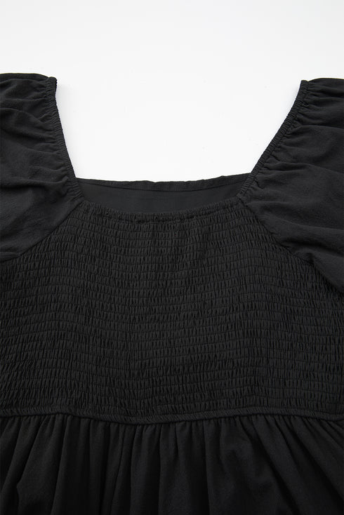Black Square Neck Ruched Puff Sleeve Romper