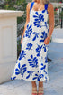 Blue Floral Print Crisscross Tie Back Sleeveless Long Dress