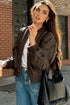Dark Brown Elastic Banded Faux Leather Bomber Jacket