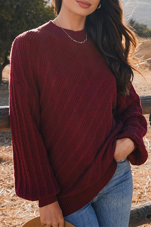Red Dahlia Solid Color Textured Knit High Neck Drop Shoulder Sweater
