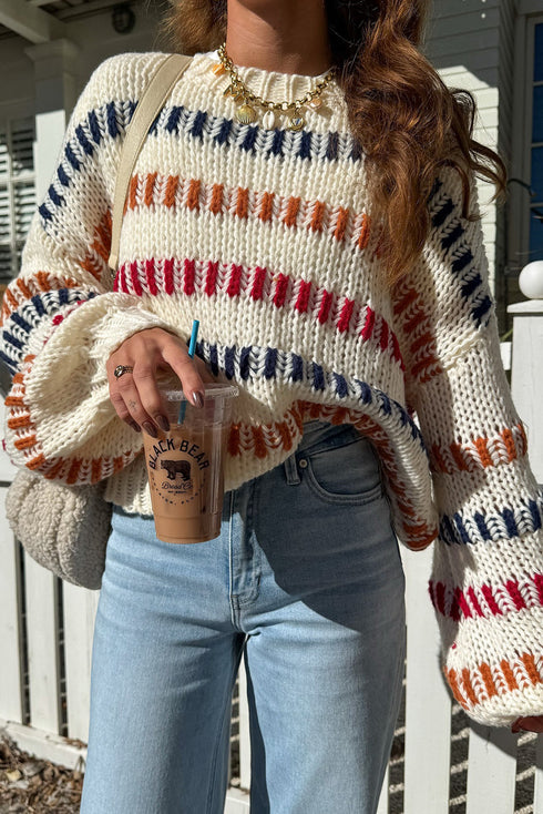 Beige Stripe Playful Knit Drop Shoulder Puff Sleeve Sweater