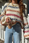 Beige Stripe Playful Knit Drop Shoulder Puff Sleeve Sweater