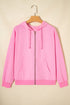 Sachet Pink Solid Color Ribbed Zip Up Drawstring Hooded Jacket