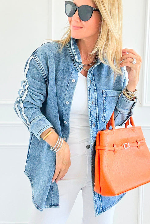Myosotis Varsity Striped Sleeves Shirt Collar Button Down Denim Jacket
