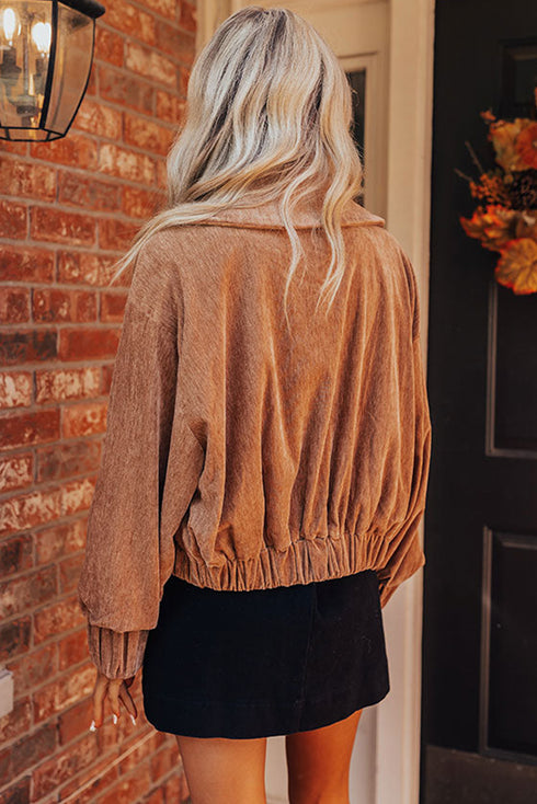 Chestnut Lapel Collar Pocketed Velvet Jacket