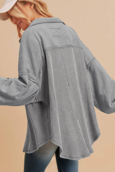 Medium Grey Waffle Knit Patchwork Exposed Seam Loose Shacket