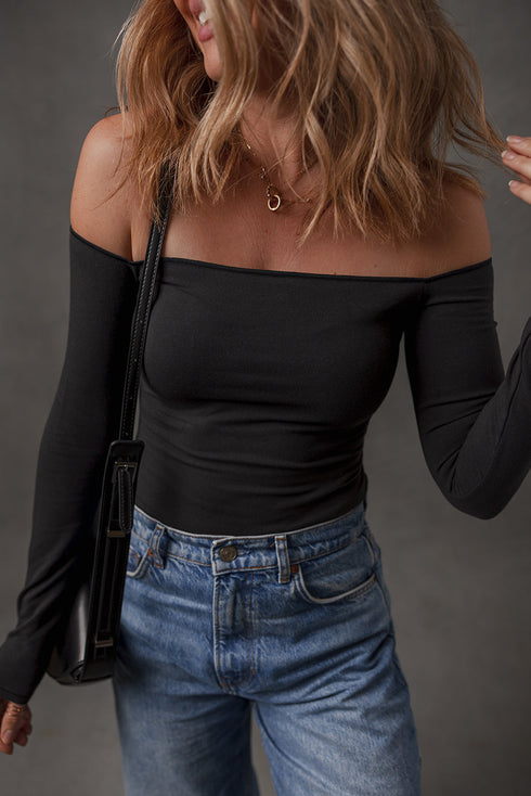 Black Solid Color Off-the-shoulder Long Sleeve T Shirt