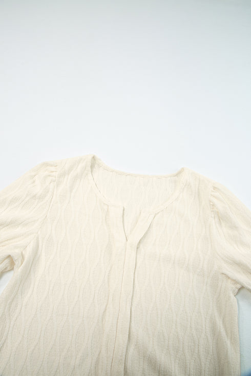 White Solid Color Textured Notched Neck Puff Sleeve Blouse