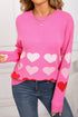 Rose Red Drop Shoulder Romantic Heart Pattern Sweater