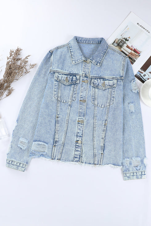 sky-blue-lapel-distressed-raw-hem-buttons-denim-jacket