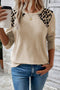 Beige Leopard Print Detail Round Neck Long Sleeve Top